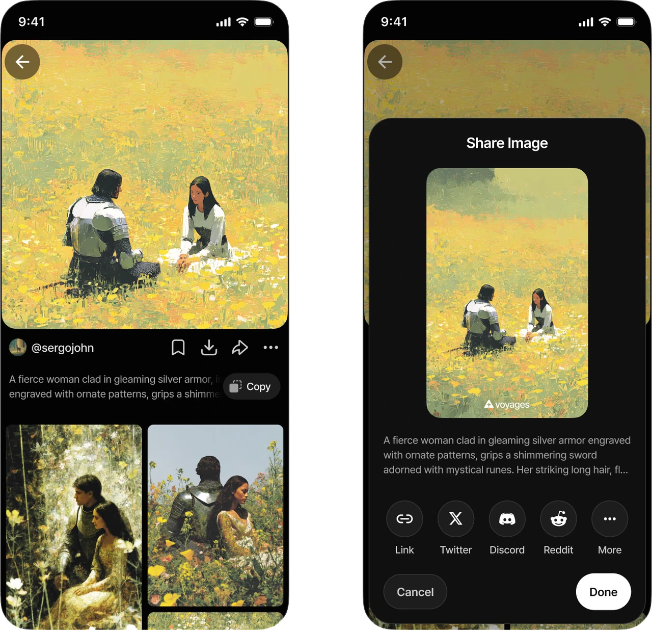 Voyages mobile creation and sharing screens